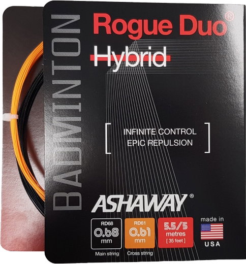 Besaitung mit Badmintonsaite Ashaway Rogue Duo Hybrid 0.68/0.61 schwarz/orange