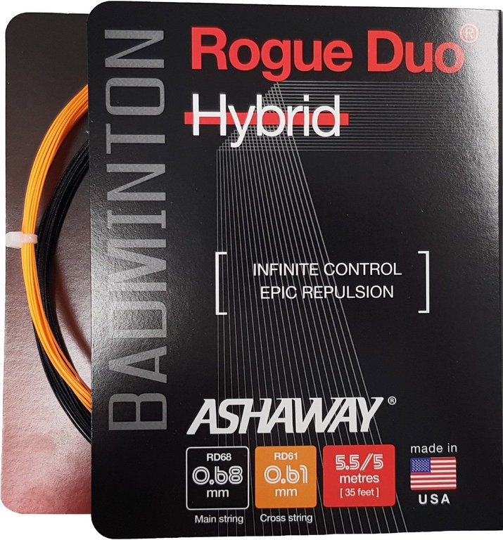 Stringing with Ashaway Rogue Duo Hybrid badminton string 0.68/0.61 black/orange
