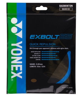 Stringing with badminton string Yonex Exbolt 65 blue