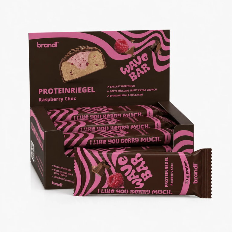Brandl Proteinriegel Wave Bar Raspberry Choc - Proteinreich mit 13 g Protein pro Riegel - Himbeere/Schoko 12x45g Box