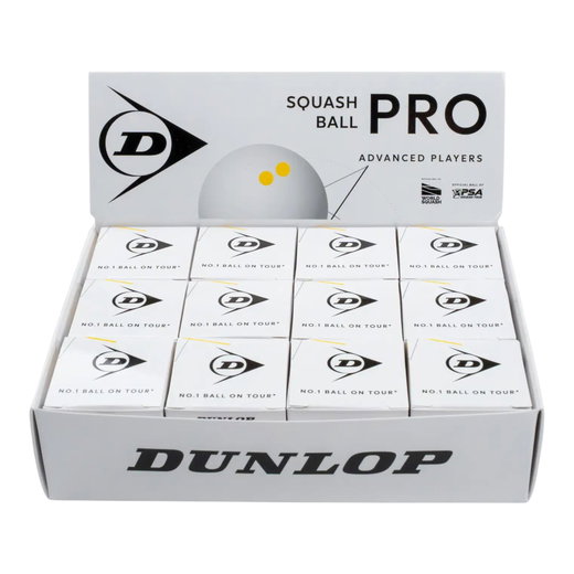 Dunlop Squashball Pro (2 yellow dots, very slow speed) <b>WHITE</b> - 12 pack in a box