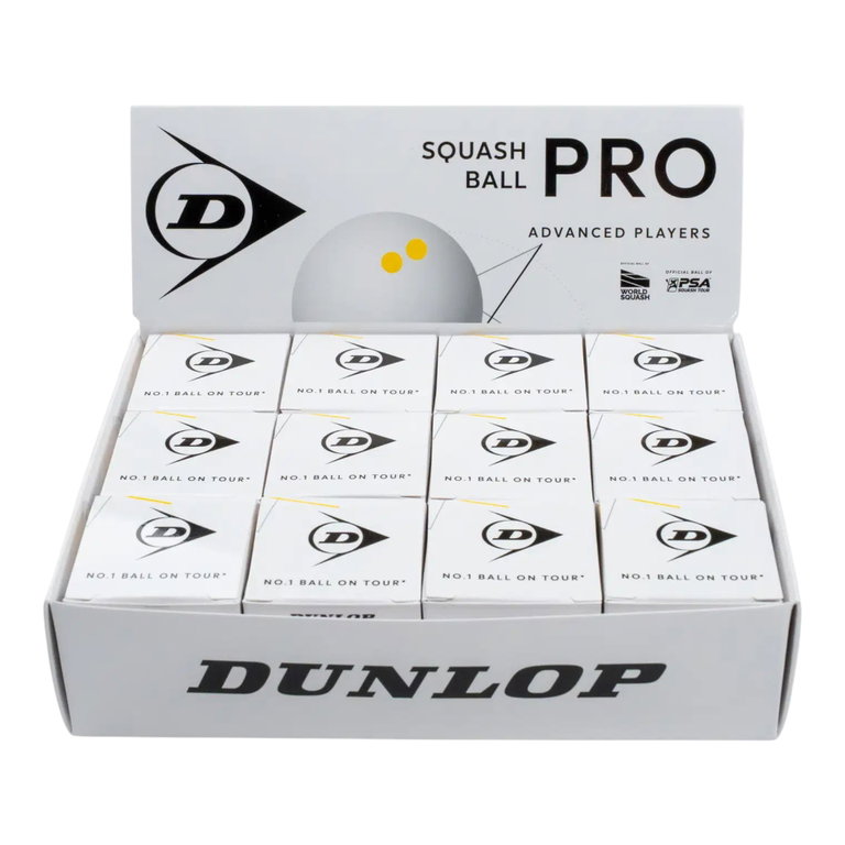 Dunlop Squashball Pro (2 yellow dots, very slow speed) <b>WHITE</b> - 12 pack in a box
