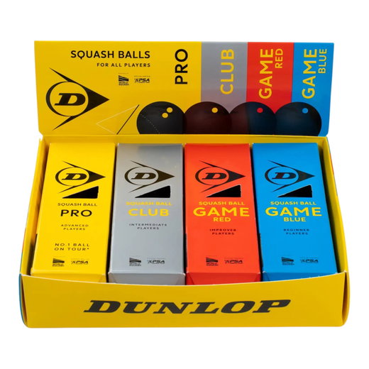 Mieszanka piłek do squasha Dunlop (Pro, Club, Game Red, Game Blue) czarna - 4x3 piłki (12 sztuk) w kartonie