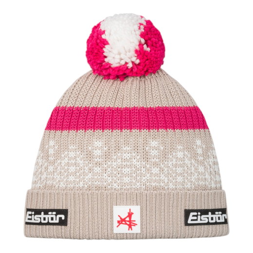 Eisbär Wintermütze Norrak Ski Austria (Pompon) - Merinomix, kuscheliges Fleece-Band - beige/weiss/pink - 1 Stück