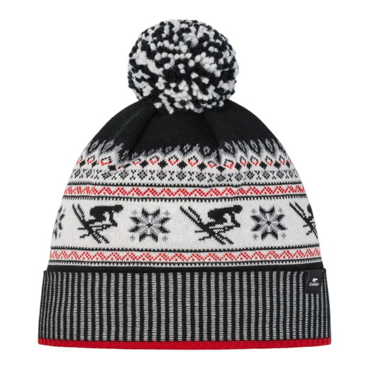 Eisbär Wintermütze Retroski mit Bommel (Pompon) schwarz/weiss/rot - 1 Stück