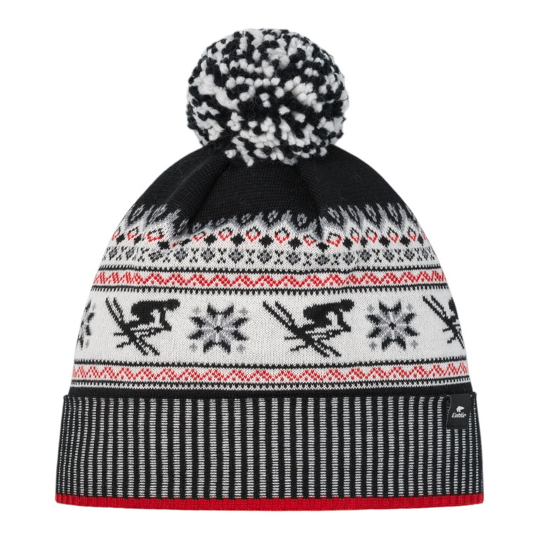 Eisbär Wintermütze Retroski mit Bommel (Pompon) schwarz/weiss/rot - 1 Stück