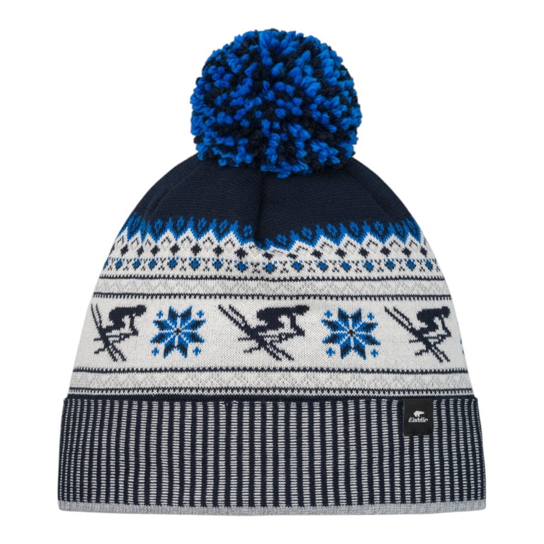 Eisbär Wintermütze Retroski mit Bommel (Pompon) nachtblau/weiss/hellgrau - 1 Stück