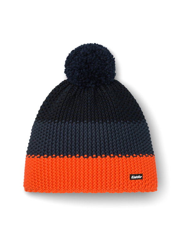 Eisbär Wintermütze Star mit Bommel (Pompon) orange/navyblau/schwarz - 1 Stück
