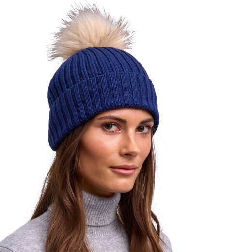 Falke Wintermütze (Bommel) - Schurwolle, Rippenstruktur - blau - 1 Stück