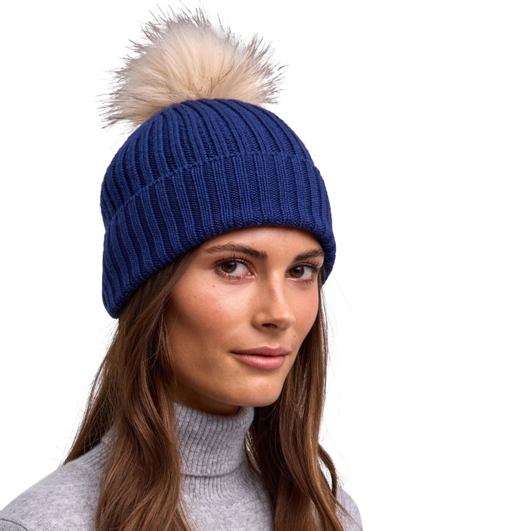 Falke Wintermütze (Bommel) - Schurwolle, Rippenstruktur - blau - 1 Stück