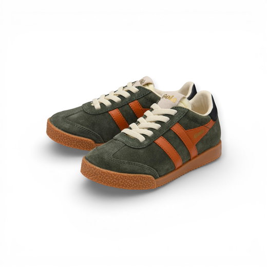 Sneakersy Gola Elan 2026 (zamsz, sznurowane) khaki/zielono-pomarańczowo-czarny dziecięce