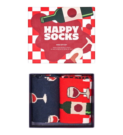 Happy Socks Tagessocke Crew Wine (Glas mit Wein) dunkelblau/rot Geschenkbox - 2 Paar
