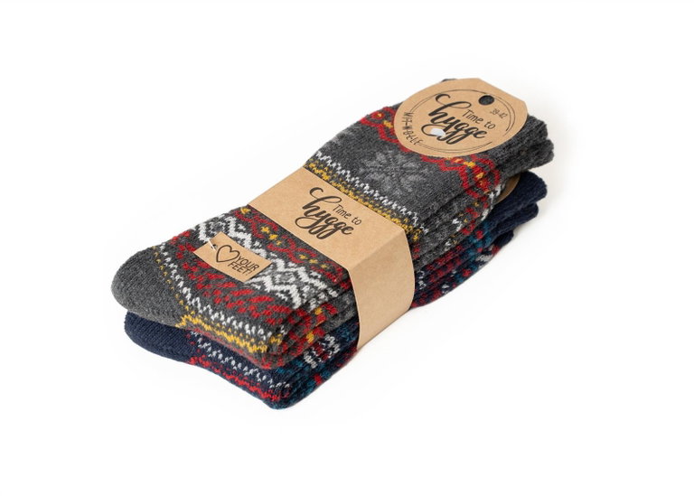 HomeOfSocks Wollsocken Hygge Norweger Design navyblau/grau/bunt - 2 Paar