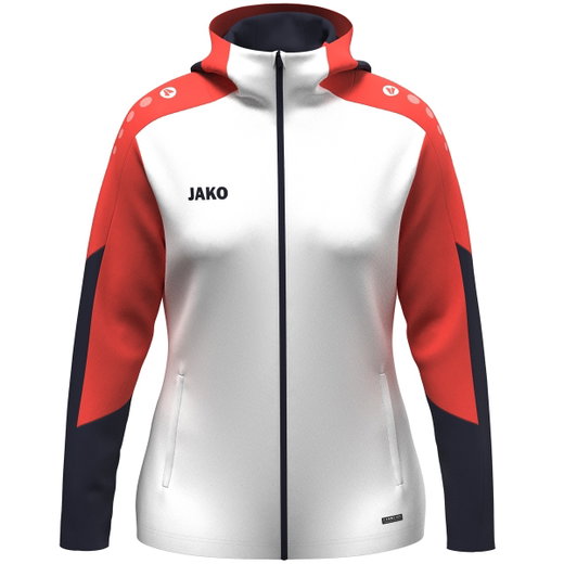JAKO Hooded Jacket Dynamic (Polyester Fleece, Side Pockets with Zipper) white/coral red/navy blue Ladies