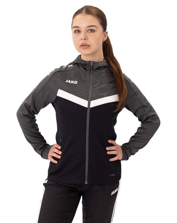 JAKO Kapuzenjacke Iconic (Polyester-Fleece, Seitentaschen mit Reißverschluss) schwarz/anthrazitgrau Damen