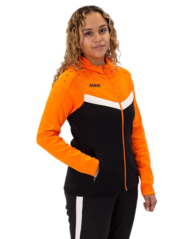 JAKO Kapuzenjacke Iconic (Polyester-Fleece, Seitentaschen mit Reißverschluss) schwarz/neonorange Damen