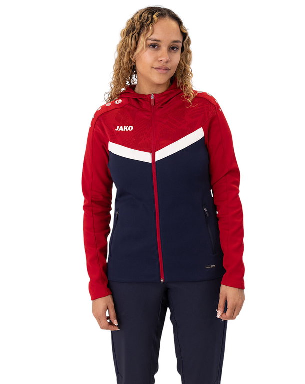 JAKO Kapuzenjacke Iconic (Polyester-Fleece, Seitentaschen mit Reißverschluss) marineblau/rot Damen