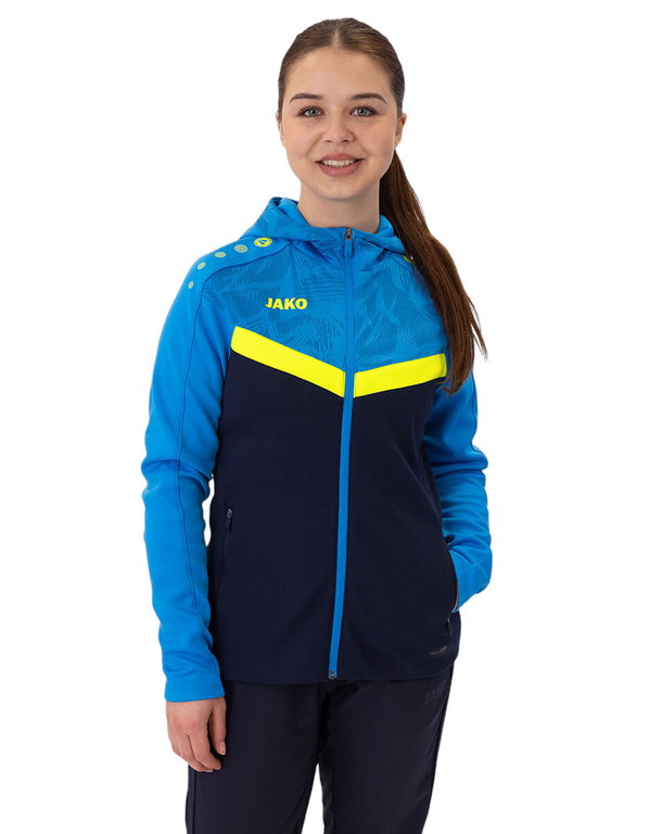 JAKO Kapuzenjacke Iconic (Polyester-Fleece, Seitentaschen mit Reißverschluss) marineblau/hellblau/gelb Damen