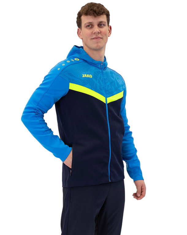 JAKO Kapuzenjacke Iconic (Polyester-Fleece, Seitentaschen mit Reißverschluss) marineblau/hellblau/gelb Herren
