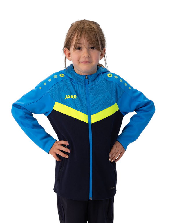 JAKO Iconic Hooded Jacket (Polyester Fleece, Side Pockets with Zip) navy blue/light blue/yellow Children