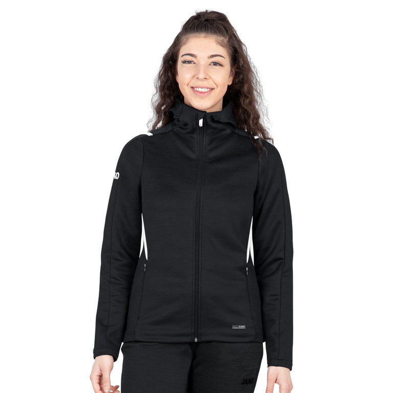 JAKO Freizeitjacke Challenge mit Kapuze (100% Polyester) schwarz/weiss Damen