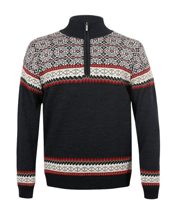 Kama Sweater Pullover 4097 Half Zip mit Nordischen Muster (Merinowolle, sehr warm) graphitgrau Herren