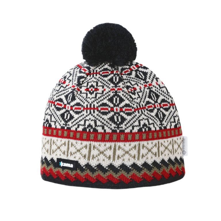 Kama Strickmütze (Bommel) AW76 Merino (winddicht) - graphitgrau/weiss/rot - 1 Stück