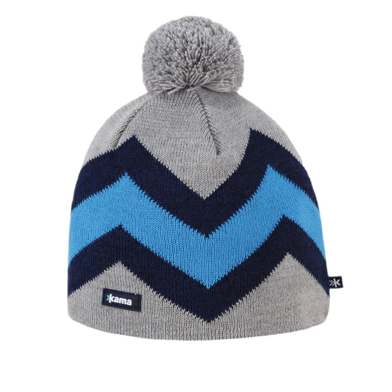 Kama Strickmütze (Bommel) A179 Merino - grau/navyblau/blau - 1 Stück