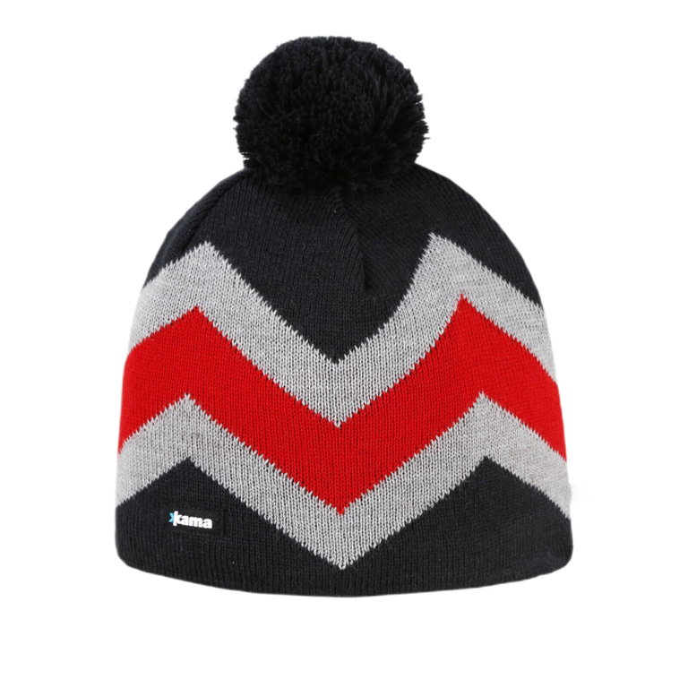 Kama Strickmütze (Bommel) A179 Merino - graphitgrau/grau/rot - 1 Stück