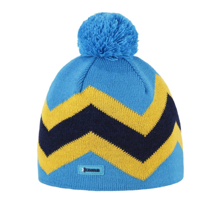 Kama Strickmütze (Bommel) A179 Merino - blau/gelb/navyblau - 1 Stück