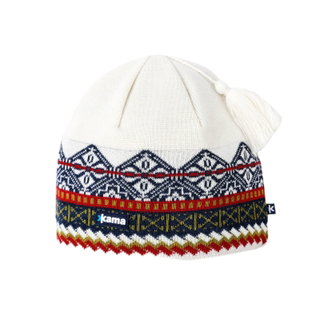 Kama Strickmütze (Bommel) A187 Merino - weiss/blau/rot - 1 Stück