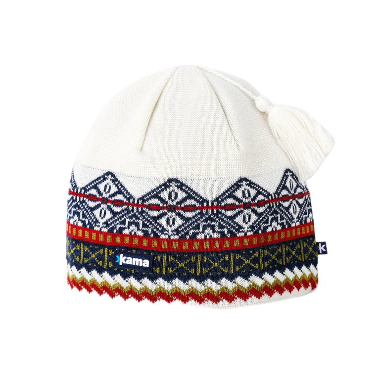 Kama Strickmütze (Bommel) A187 Merino - weiss/blau/rot - 1 Stück