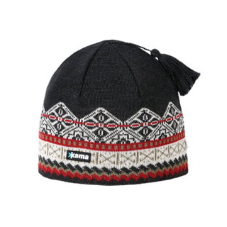 Kama Strickmütze (Bommel) A187 Merino - graphitgrau/weiss/rot - 1 Stück