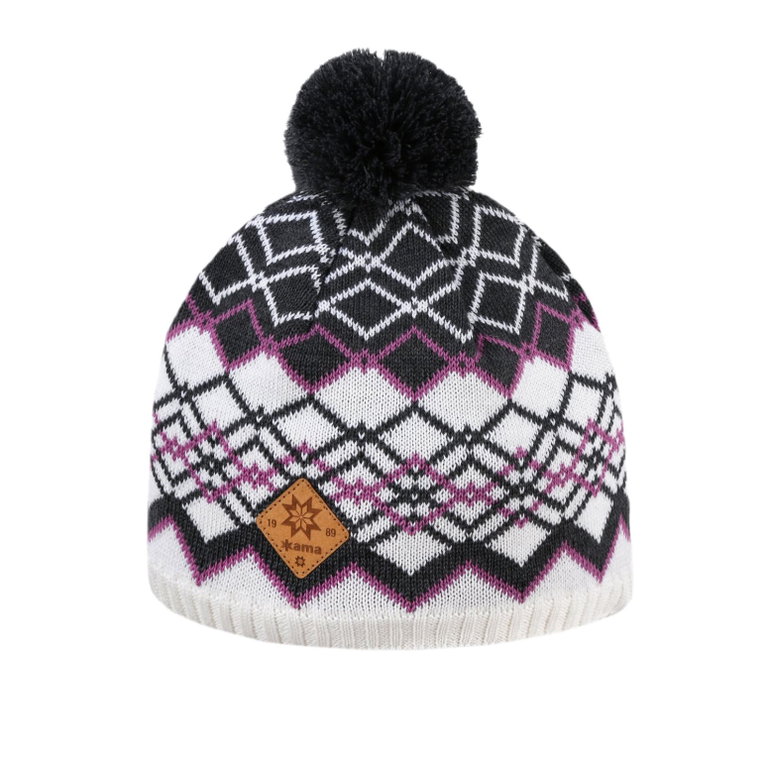Kama Strickmütze (Bommel) A172 Merino - Damen weiss/schwarz- 1 Stück
