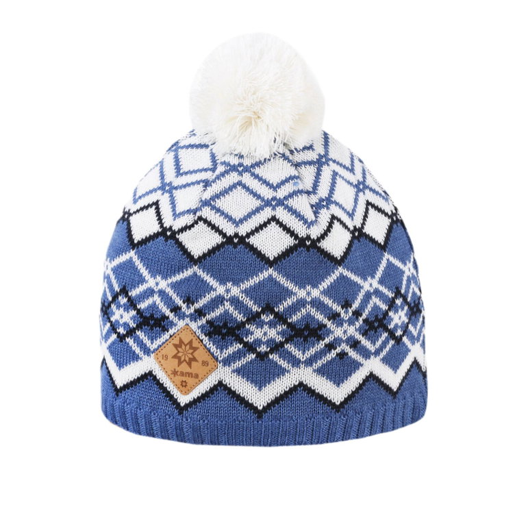 Kama Strickmütze (Bommel) A172 Merino - Damen blau/weiss- 1 Stück