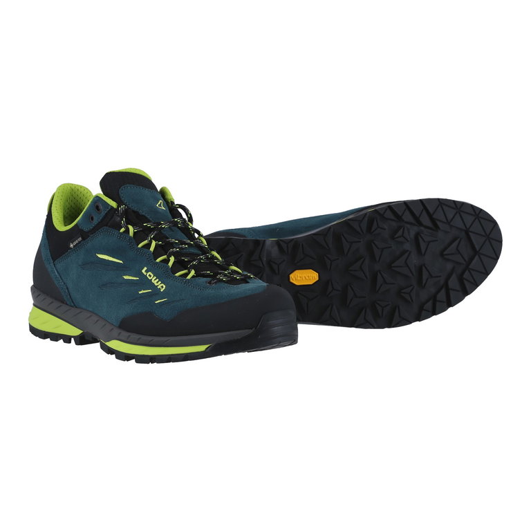 Lowa Wanderschuhe Delago Low GTX (Trekking, Veloursleder, wasserdicht) 2025 petrolblau/limonengrün Herren
