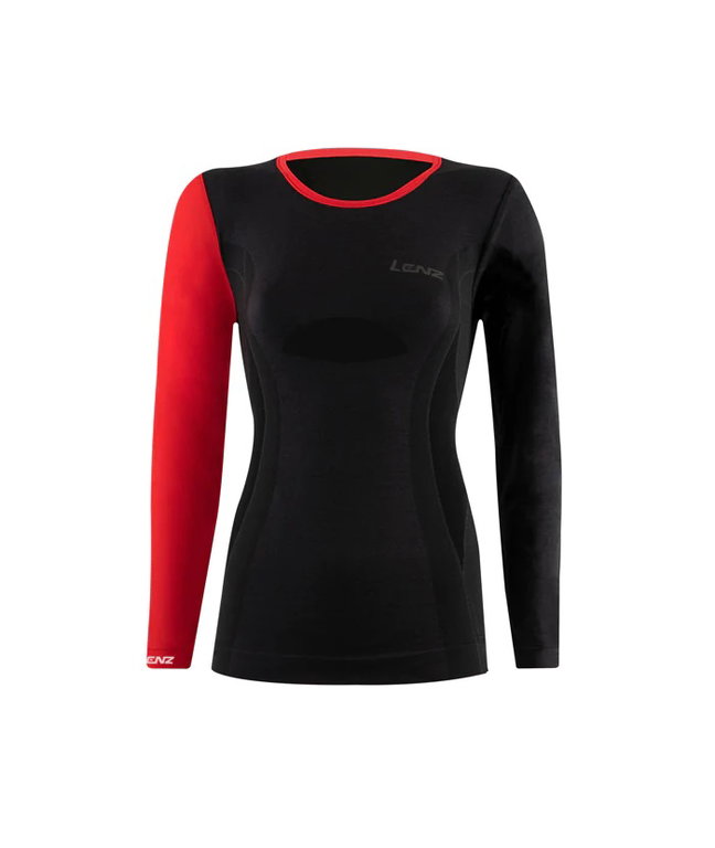 Lenz Funktionsunterwäsche Langarmshirt Merino 6.0 Rundhals schwarz/rot Damen