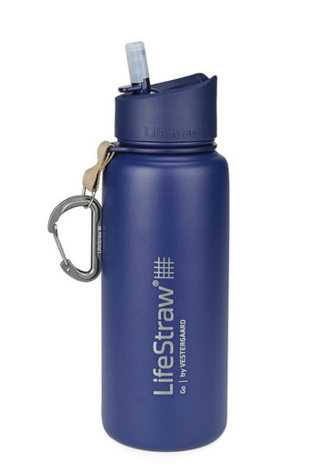 LifeStraw Trinkflasche Go Stainless Steel Edelstahl mit Wasserfilter, Verschluss mit Silikonmundstück, Karabiner blau - 650 ml