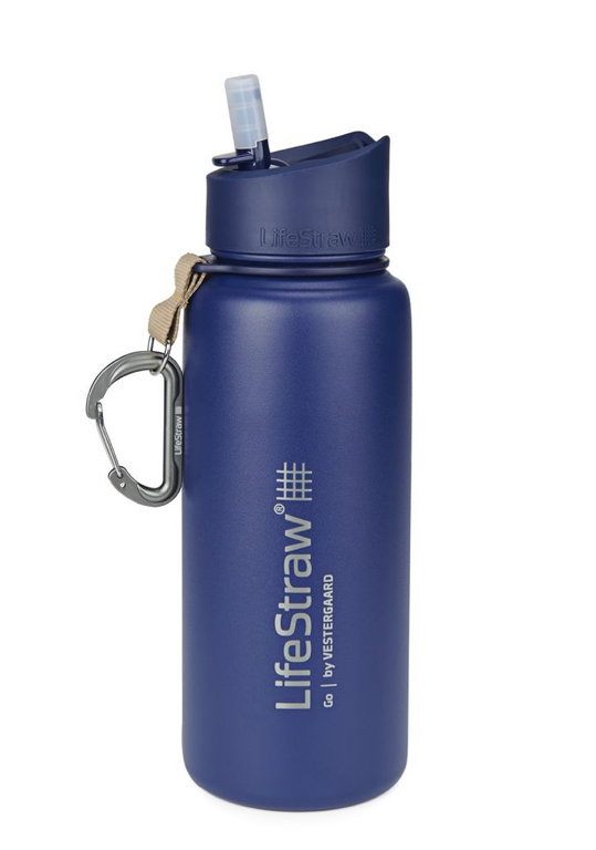 LifeStraw Trinkflasche Go Stainless Steel Edelstahl mit Wasserfilter, Verschluss mit Silikonmundstück, Karabiner blau - 650 ml