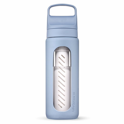 Butelka LifeStraw Go Glass z filtrem do wody, zatyczka z silikonowym ustnikiem, wolna od BPA, jasnoniebieska - 600 ml