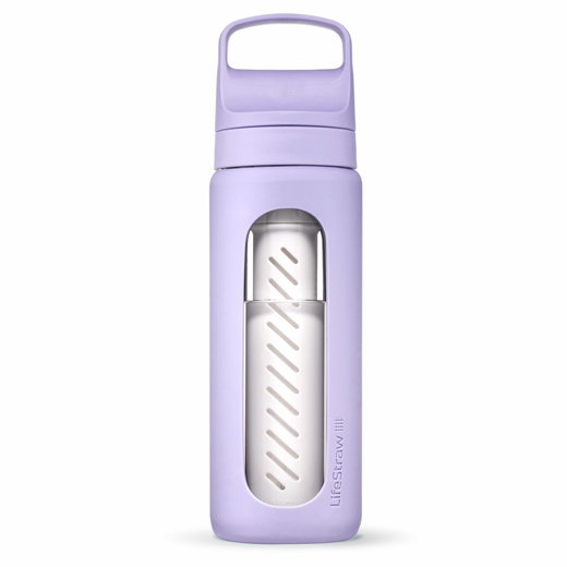 Butelka LifeStraw Go Glass z filtrem do wody, zatyczka z silikonowym ustnikiem, wolna od BPA, fioletowa - 600 ml