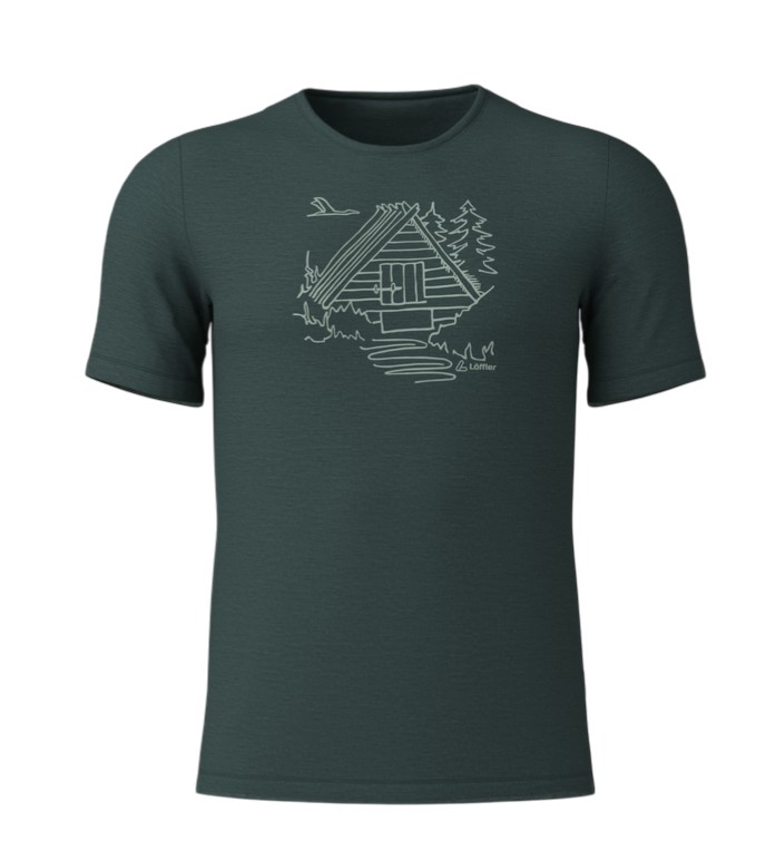 Löffler Wander-/Freizeit Tshirt Printshirt Cottage Merino-Tencel forestgrün Herren