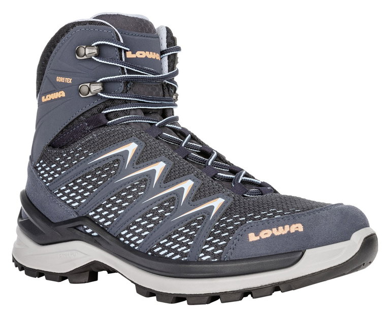 Lowa Wander-Travelschuhe Innox Pro Mid GTX (All-Terrain, Synthetik/Textil, wasserdicht) 2025 stahlblau/lachs Damen