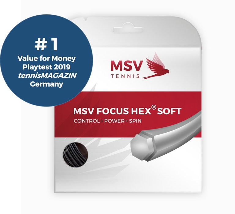 MSV Tennissaite Focus Hex Soft (Haltbarkeit+Kontrolle+Power+Spin) schwarz 12m Set