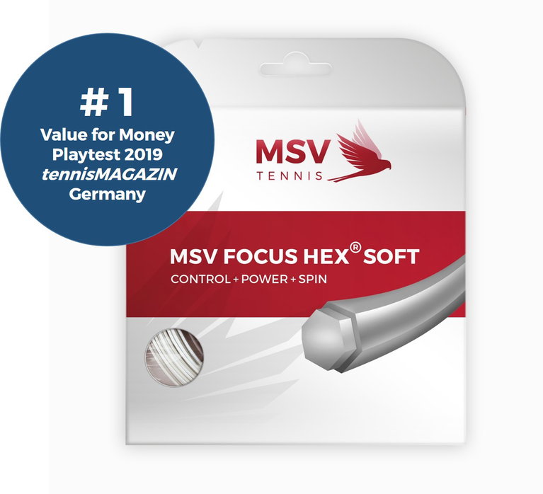 MSV Tennissaite Focus Hex Soft (Haltbarkeit+Kontrolle+Power+Spin) weiss 12m Set