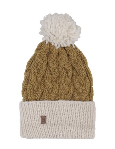Medima Wintermütze mit Bommel (Pompon) - Merinowolle, Rippenstruktur, Umschlag - senfgelb - 1 Stück