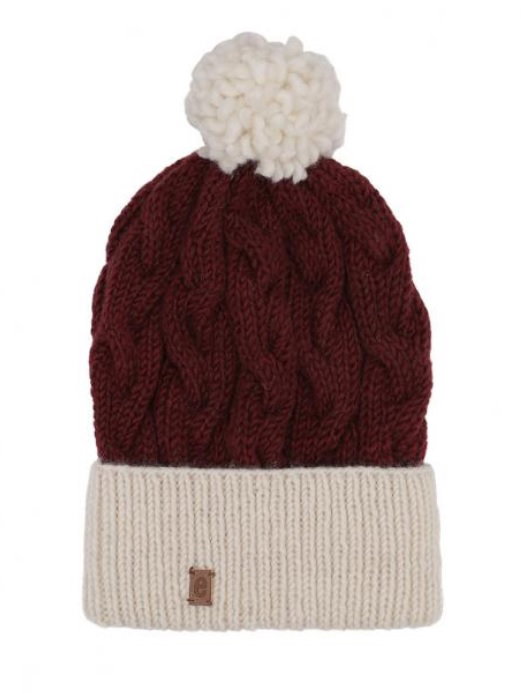 Medima Wintermütze mit Bommel (Pompon) - Merinowolle, Rippenstruktur, Umschlag - bordeaux/rot - 1 Stück
