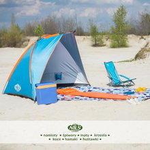 Nils Camp Strandmuschel NC8030 (UV-Schutz, wassderdichter Boden) für die Familie blau/orange - 120x260x120cm
