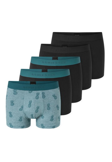 Schiesser Underwear Boxer Shorts 95/5 Organic Cotton Woven Elastic Waistband Black/Green Patterned Men's - 5 Pieces