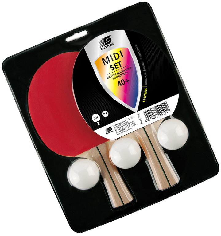 Sunflex Table Tennis Racket Set Midi (2 Mid Rackets and 3 TT Balls, Plastic Ball 40+) - 2 Pack Blister
